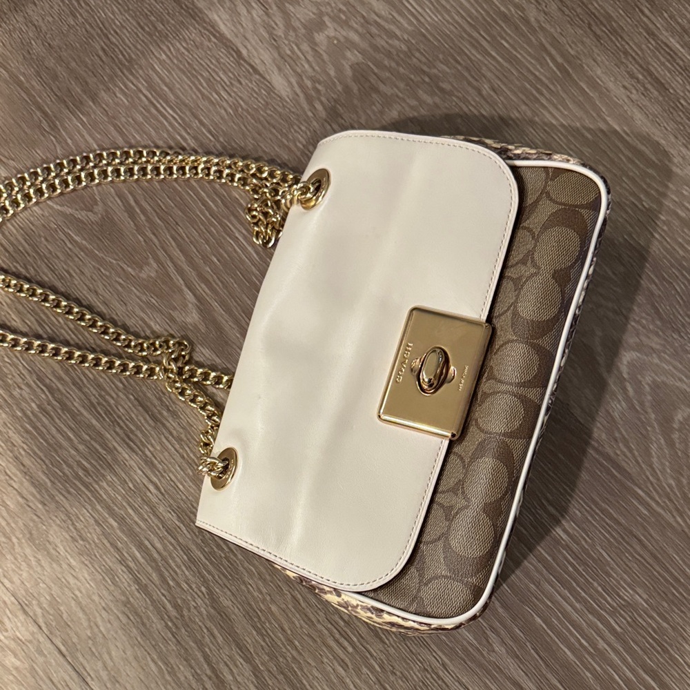 Coach White and Brown Crossbody Bag with Gold Chain